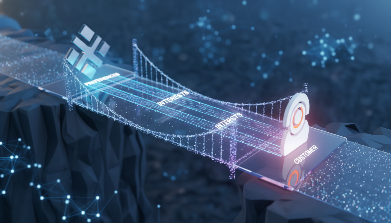 A conceptual 3D illustration showing a bridge connecting a brand logo to a customer icon, with glowing data streams labeled 'Preferences', 'Interests', and 'Intent' flowing across. Professional, modern tech style, high resolution.