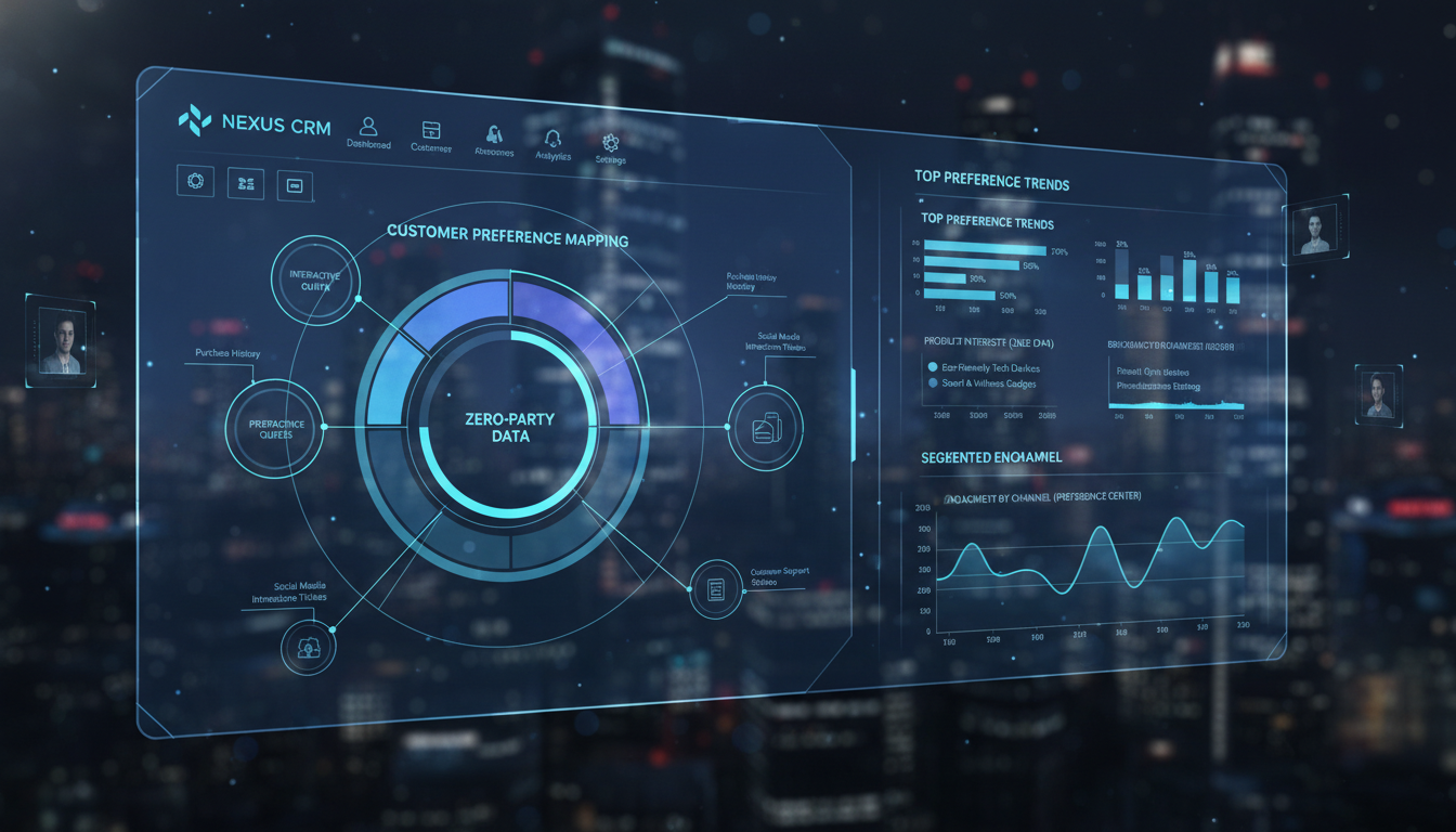 A futuristic dashboard interface of a CRM software showing visual charts of customer preferences, segmented by 'Zero-Party Data' sources like interactive quizzes and preference centers. Sleek UI design with blue and dark mode aesthetic.