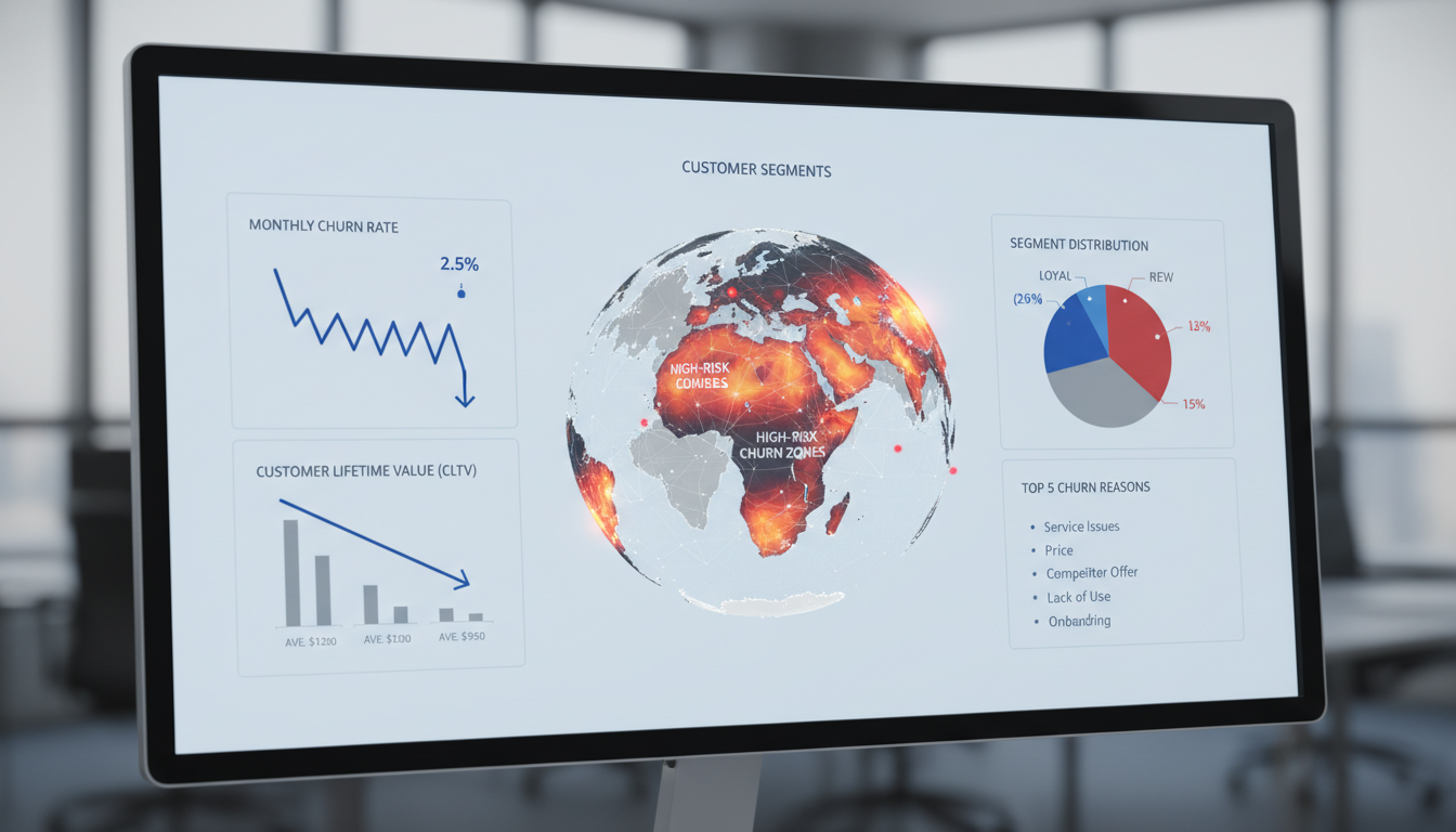A professional and clean digital dashboard showing a 3D visualization of customer segments, with color-coded heatmaps indicating high-risk churn zones and data graphs trending downward.