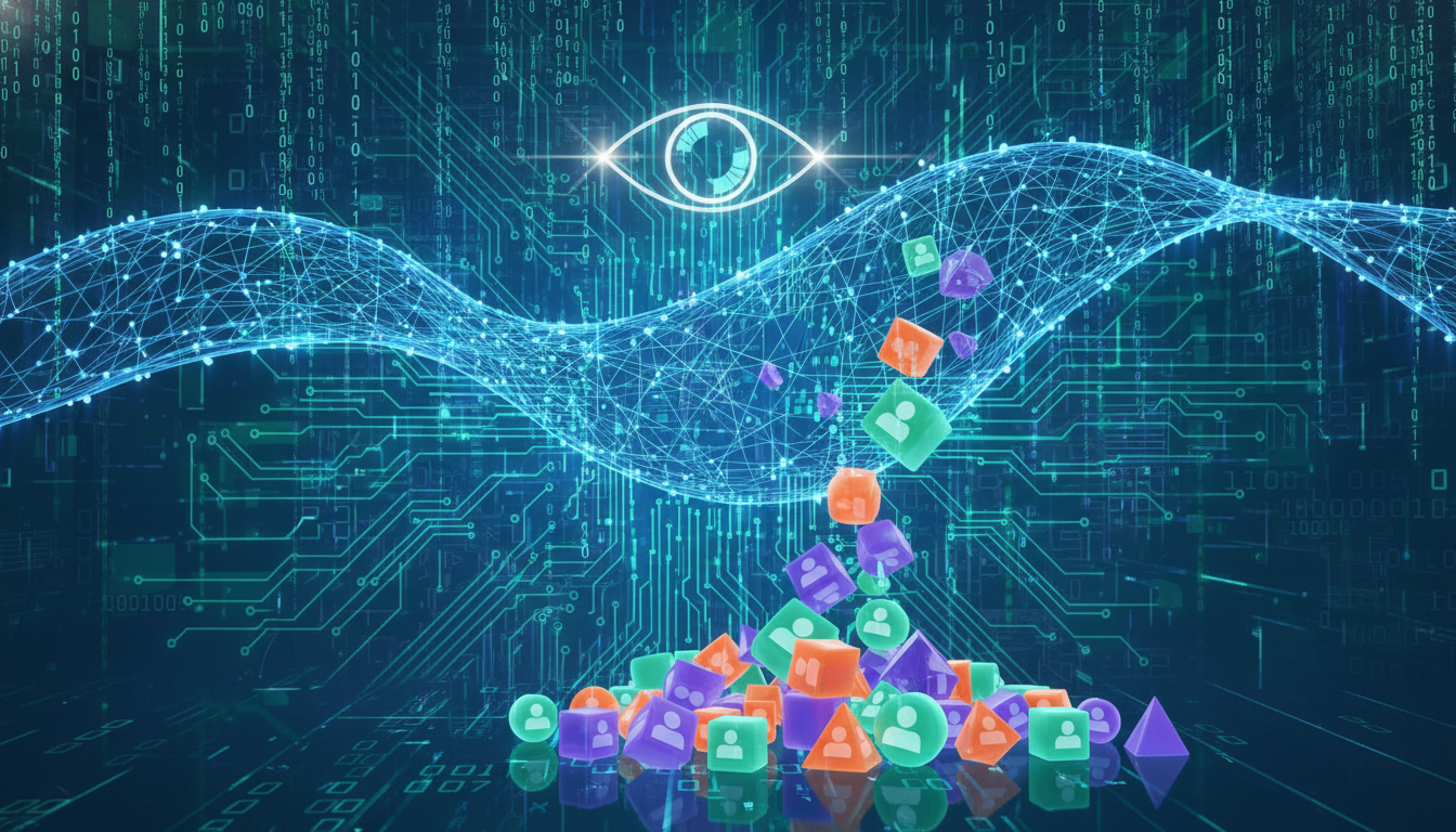A conceptual illustration of a digital net catching falling geometric shapes that represent customers, with a backdrop of a glowing circuit board and binary code, symbolizing data-driven intervention.