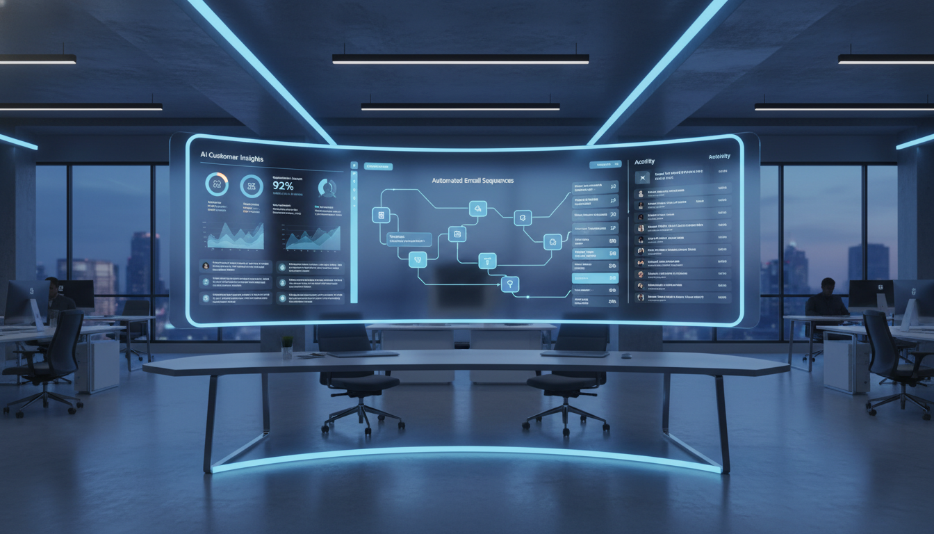 A professional digital dashboard showing a seamless flow of AI-generated customer insights and automated email sequences in a sleek, modern corporate office setting with soft blue lighting.