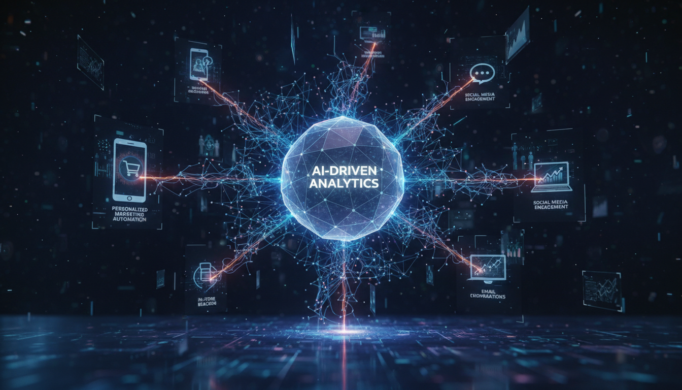 A futuristic visualization of a neural network connecting various customer touchpoints, with glowing data streams and icons representing personalized marketing automation and AI-driven analytics.