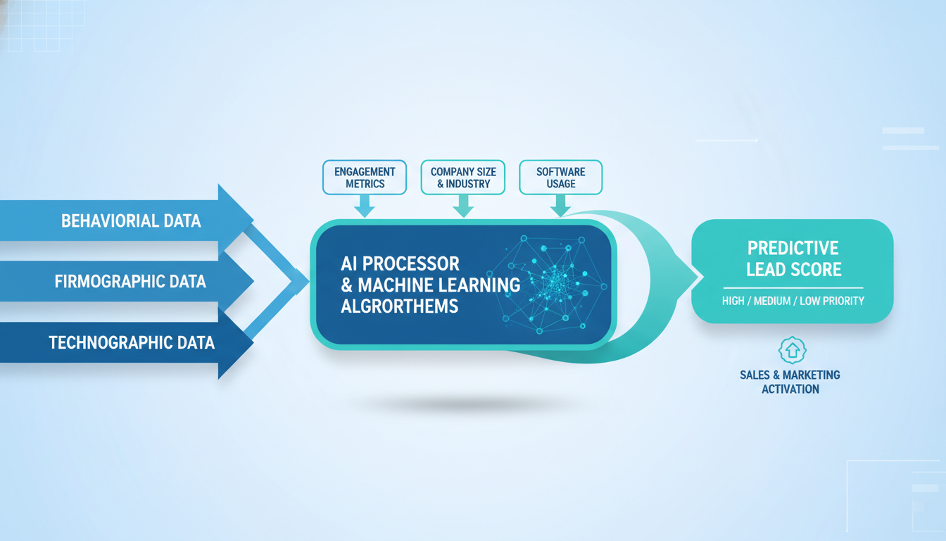 A professional infographic showing a conceptual flowchart of data entering an AI processor, with various lead attributes like behavioral data and firmographic data being transformed into a predictive lead score, clean corporate style, blue and teal color palette.