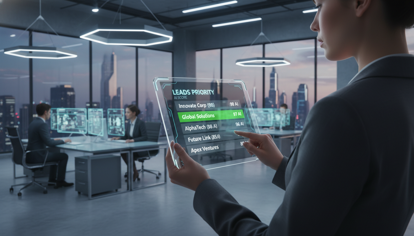 A high-tech office setting where a sales professional is looking at a CRM dashboard on a tablet, the screen shows a 'Leads Priority' list with high AI scores highlighted in glowing green, minimalist and modern aesthetic.