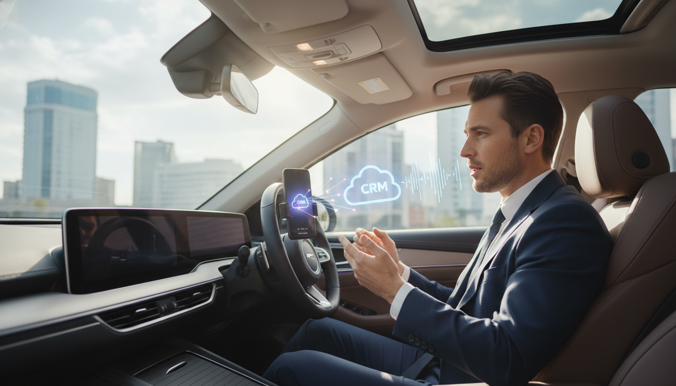 A professional salesperson in a modern, sunlit car interior, speaking naturally into a sleek smartphone mounted on the dashboard, with a digital overlay showing glowing voice-frequency waves connecting to a cloud-based CRM icon.