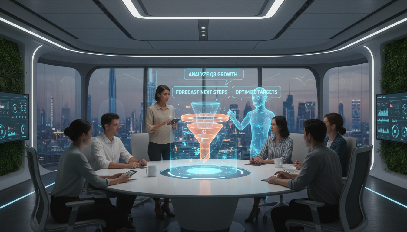 A high-tech office workspace with a holographic display of a sales funnel, where an AI assistant avatar is interpreting voice commands from a diverse team of professionals in a relaxed, collaborative setting.