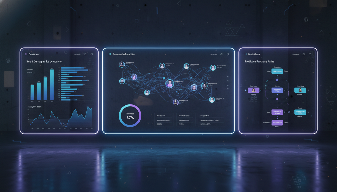 A sophisticated AI-driven data visualization dashboard showing real-time customer behavioral metrics and predictive purchase paths, clean minimalist UI design, professional blue and violet color palette, high resolution.