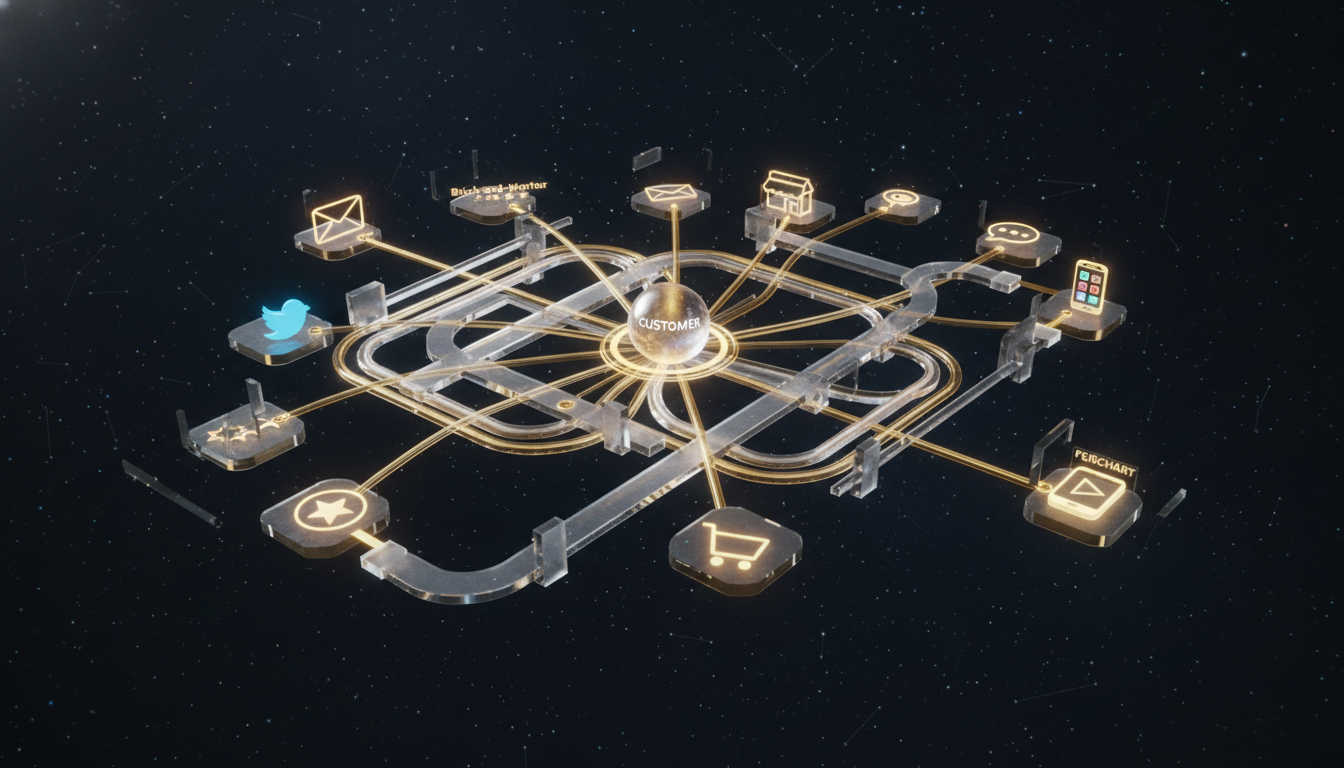 A conceptual 3D map of a non-linear customer journey, featuring various icons for social media, email, brick-and-mortar stores, and mobile apps, all connected by flowing golden light paths on a dark background.