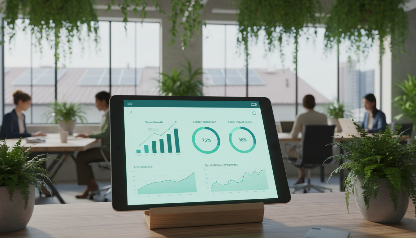 A sleek, modern digital dashboard on a tablet showing a mix of sales growth charts and green sustainability metrics like carbon reduction and social impact scores, set against a background of a bright, eco-friendly office with plants.