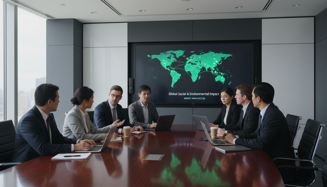 A professional meeting room where a diverse team of data analysts and sales managers are collaborating, looking at a large wall-mounted screen displaying a world map with green data points symbolizing global social and environmental impact.
