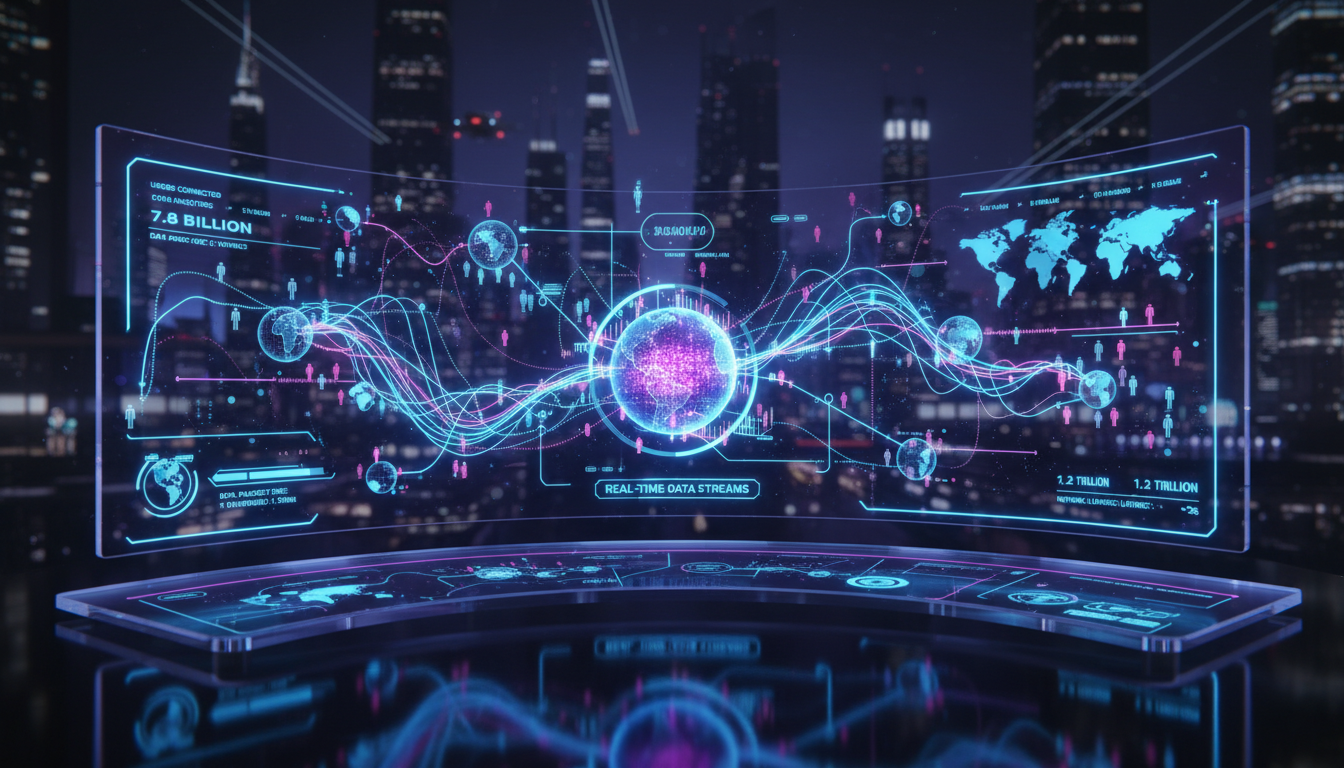 A futuristic digital dashboard showing real-time data streams connecting global users to a central core, vibrant blue and purple neon aesthetics, high-tech interface with flowing light paths representing data.