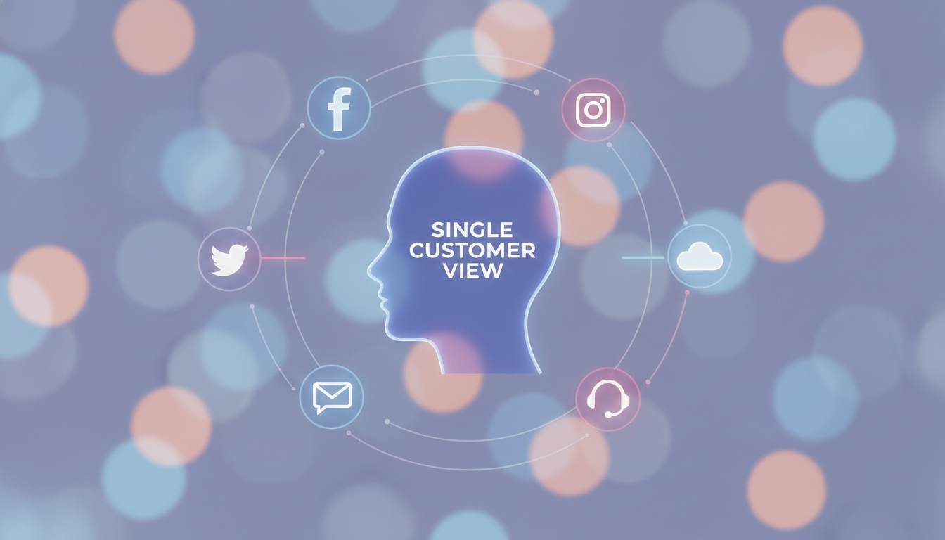 A conceptual 3D illustration of a 'Single Customer View' profile surrounded by floating icons representing social media, e-commerce, and support tickets, clean minimalist corporate style with soft bokeh background.