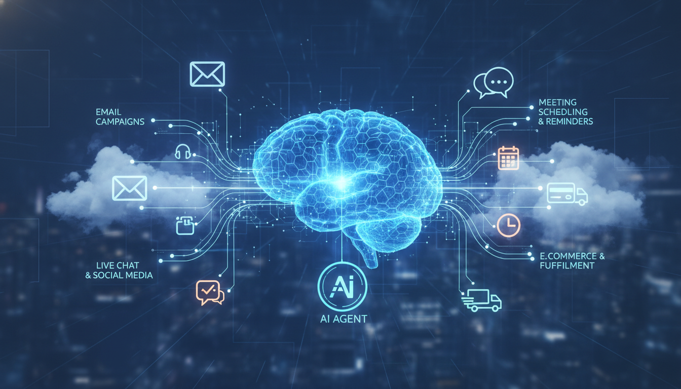 A conceptual 3D illustration of a glowing digital brain interconnected with various communication icons like envelopes, speech bubbles, and calendar invites, symbolizing an AI agent orchestrating a customer journey across multiple channels.